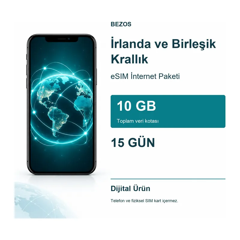 İrlanda ve Birleşik Krallık eSIM İnternet Paketi 10 GB 15 Gün