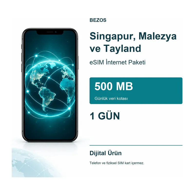 Singapur, Malezya ve Tayland eSIM İnternet Paketi Günlük 500 MB 1 Gün