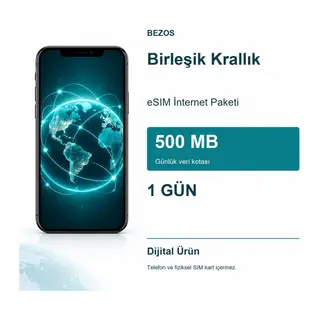 Birleşik Krallık eSIM İnternet Paketi Günlük 500 MB 1 Gün