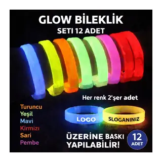 Glow Kalın Bileklik 12?li Set | Baskıya Uygun Renkli Model