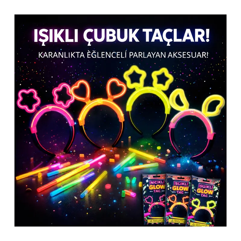 Karanlıkta Parlayan Glow Taç Seti 12 Adet? Yıldız Kalp Ay Çiçek (Her Model 3 Adet)