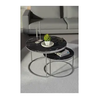 Gümüş Metal Orta Sehpa Bendir Siyah 2'li