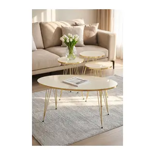 Zigon Sehpa Ve Orta Sehpa Elips Set Gold Krem Tel