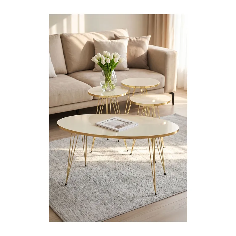 Zigon Sehpa Ve Orta Sehpa Elips Set Gold Krem Tel