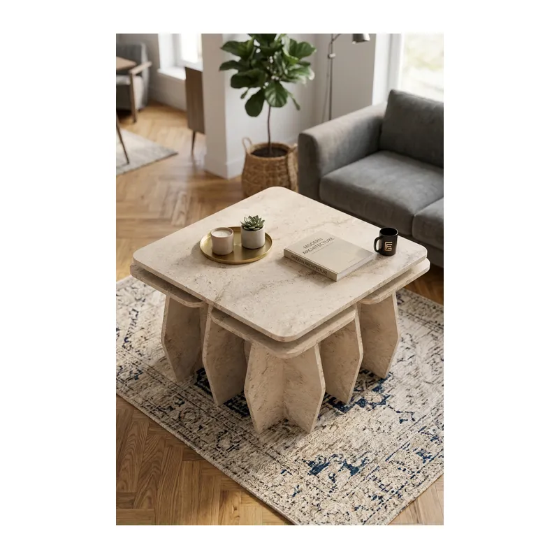 Orta Sehpa Ve Zigon Sehpa 5'li Set Modern Çok Amaçlı Salon Oturma Odası Yan Sehpa 9249 Traverten