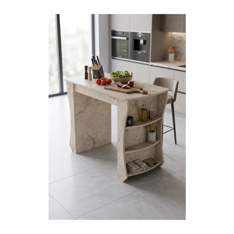 Mutfak Masası Mutfak Adası Ada Masa Bar Masası Kahvaltı Masası Raflı Çok Amaçlı Dolap Modern Masa 120x60 cm 9835 Traverten