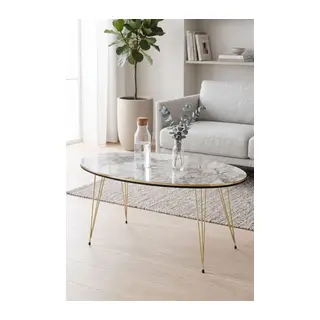 Gold Tel Oval Orta Sehpa Beyaz