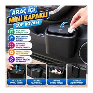 Araç İçi Takılarak Sabitlenebilen Mini Kapaklı Çöp Kovası
