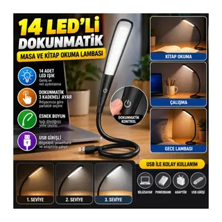 USB Girişli 14 Ledli 3 Kademeli Dokunmatik Masa/Kitap Okuma Lambası Ledi Siyah
