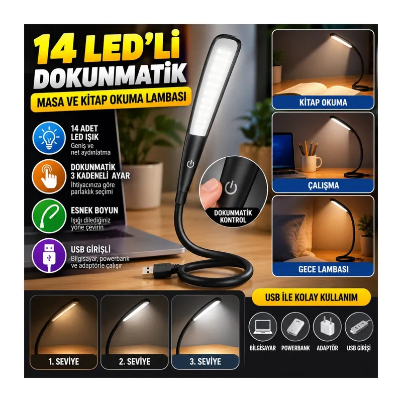 USB Girişli 14 Ledli 3 Kademeli Dokunmatik Masa/Kitap Okuma Lambası Ledi Siyah