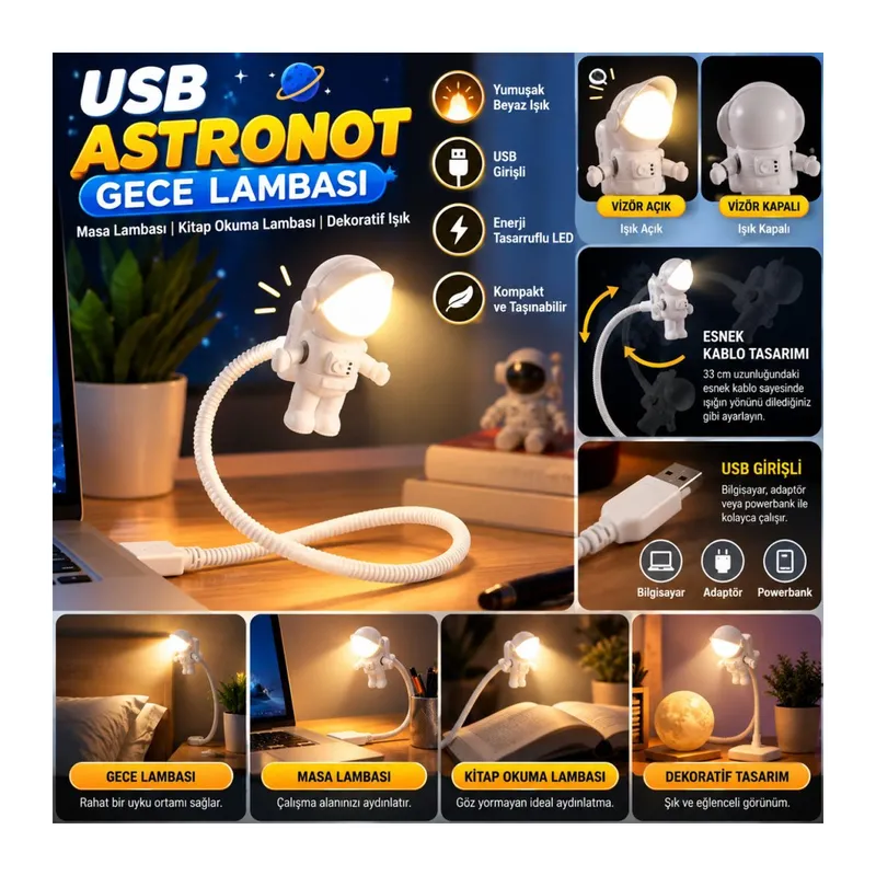 USB Astronot Gece Lambası, Masa Lambası, Kitap Okuma Lambası Işığı