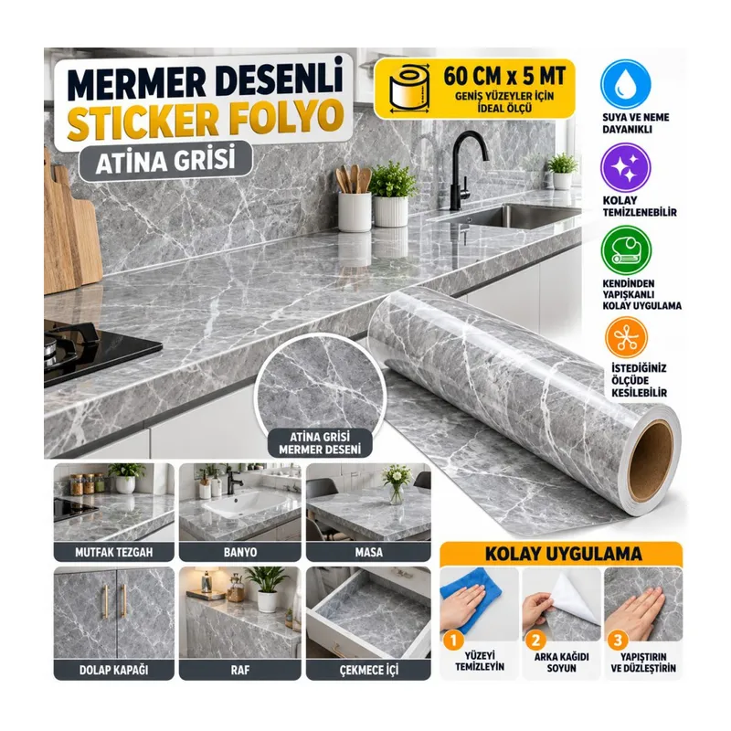 Mermer Desenli Sticker Folyo Atina Grisi 60CM*5MT