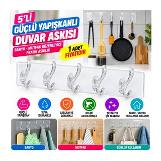 5'li Güçlü Yapışkanlı Şeffaf Duvar Askısı Banyo Mutfak Düzenleyici Pratik Askılık (adet fiyatıdır)