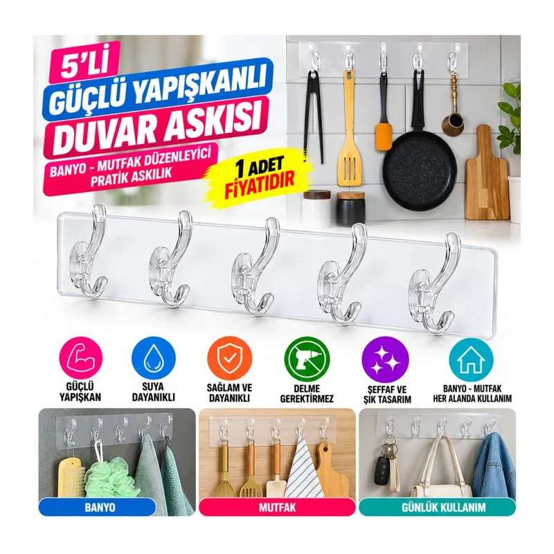 5'li Güçlü Yapışkanlı Şeffaf Duvar Askısı Banyo Mutfak Düzenleyici Pratik Askılık (adet fiyatıdır)