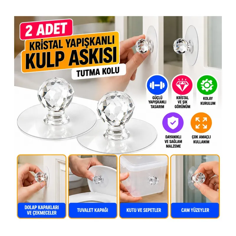 2 Adet Kristal Kendiliğinden Güçlü Yapışkanlı Kulp Askısı Tutma Kolu