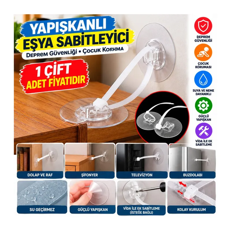 Yapışkanlı Eşya Sabitleyici Aparat Deprem Güvenliği Çocuk Koruma Sabitleme Aparatı 1 Çift