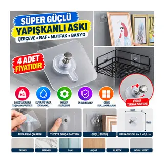 Süper Güçlü Çerçeve Askısı Pin Delgisiz Vidalı Tırnak Kanca Yapışkanlı Raf Tutucu Askı 4 Adet