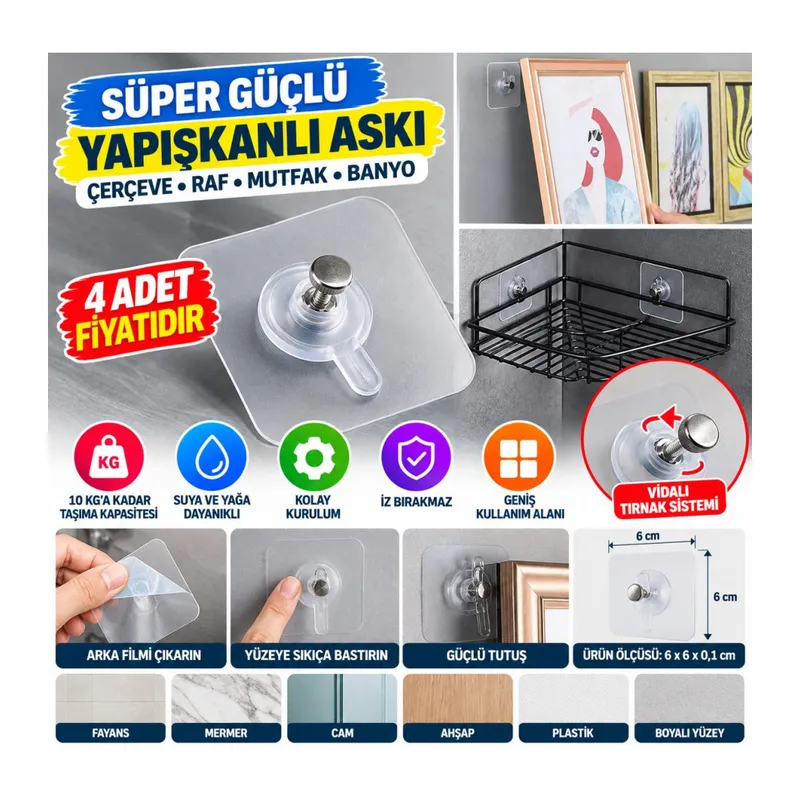 Süper Güçlü Çerçeve Askısı Pin Delgisiz Vidalı Tırnak Kanca Yapışkanlı Raf Tutucu Askı 4 Adet