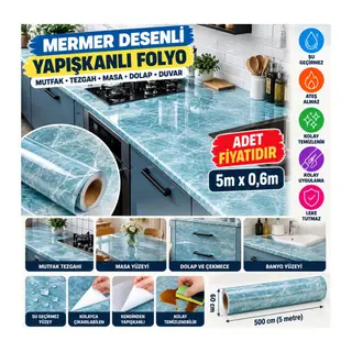 Mermer Desenli Masa Tezgah Mutfak Su Geçirmez Yapışkanlı Folyo Sticker Mavi 5x0,6m