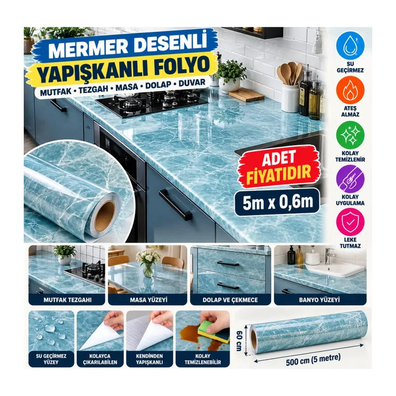 Mermer Desenli Masa Tezgah Mutfak Su Geçirmez Yapışkanlı Folyo Sticker Mavi 5x0,6m