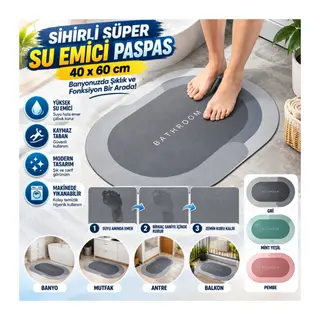 Sihirli Süper Su Emici Kaymaz Tabanlı Oval Paspas 40*60 cm