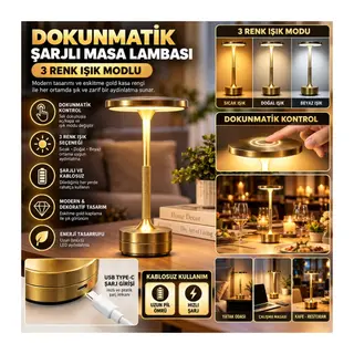 Eskitme Gold Kasa Dokunmatik Şarjlı Masa Lambası – 3 Renk Işık Modlu, LED Aydınlatmalı, Modern & Dekoratif Abajur
