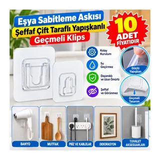 Eşya Sabitleme Askısı 10 Çift Şeffaf Çift Taraflı Yapışkanlı Geçmeli Klips (adet fiyatıdır)