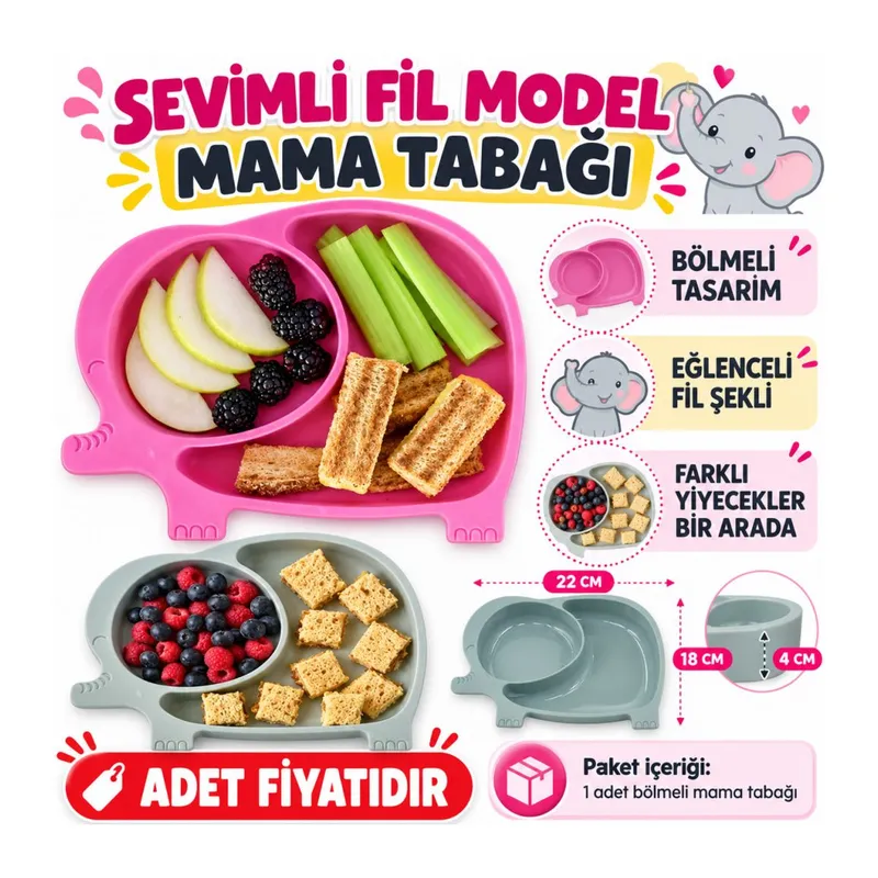 Bebek ve Çocuk için Sevimli Fil Model Desenli Yemek Bebek Mama Kabı Bölmeli Tabak (adet fiyatıdır)