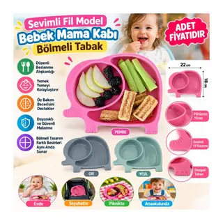 Bebek ve Çocuk için Sevimli Fil Model Desenli Yemek Bebek Mama Kabı Bölmeli Tabak -(adet fiyatıdır) STOKTA OLAN RENK GÖNDERİLİR