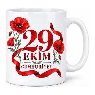 29 Ekim Cumhuriyet Gelincik Çiçekli Porselen Kupa - Kırmızı Beyaz Tasarım - MODEL 260