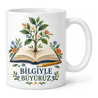 Bilgiyle Büyürüz Kitap ve Filiz Tasarımlı Porselen Kupa - Öğretmene Hediye - MODEL 262