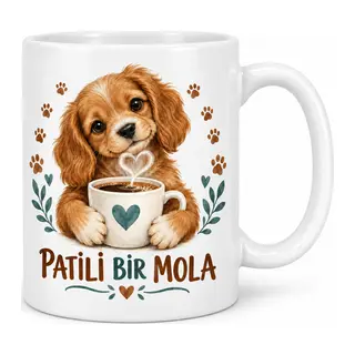 Patili Bir Mola Sevimli Köpek ve Kahve Tasarımlı Porselen Kupa - MODEL 267