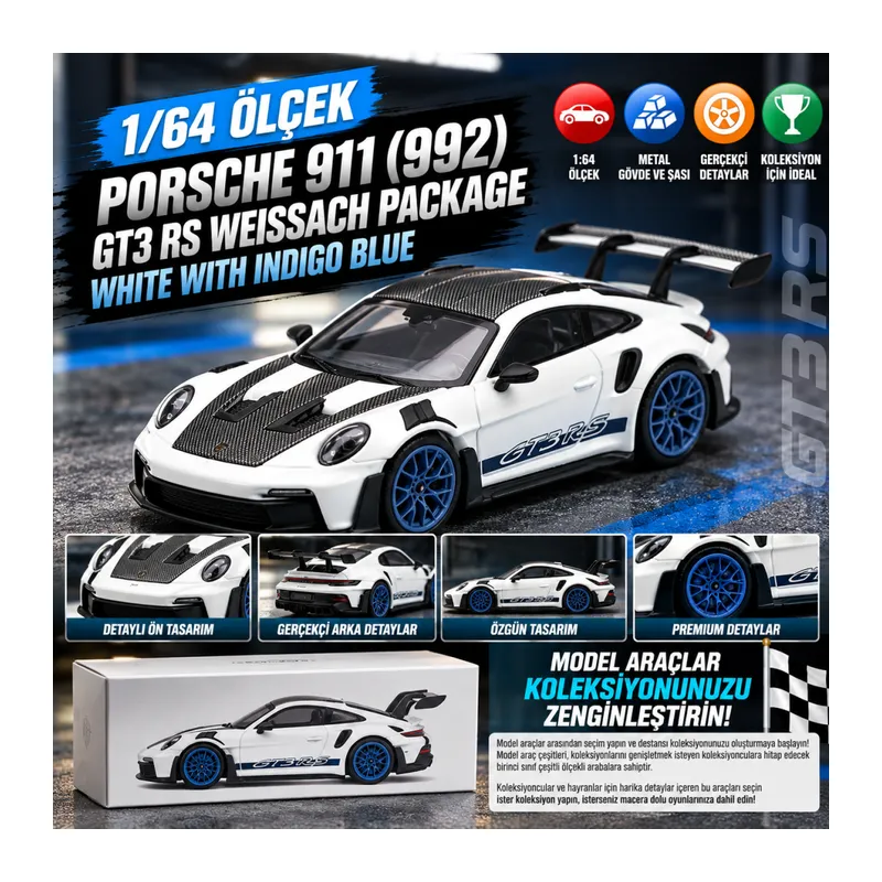 1/64 Porsche 911 (992) GT3 RS Weissach Package White with Indigo Blue