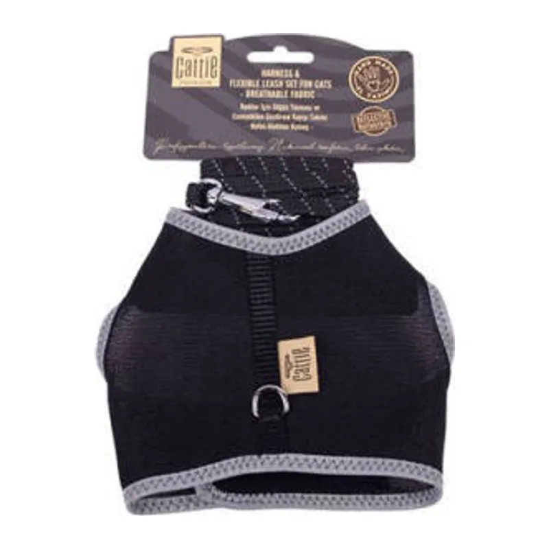 Havalı Dokuma Kedi Göğüs ve Gezdirme Tasması Large Siyah 1,5x-30-40 Cm