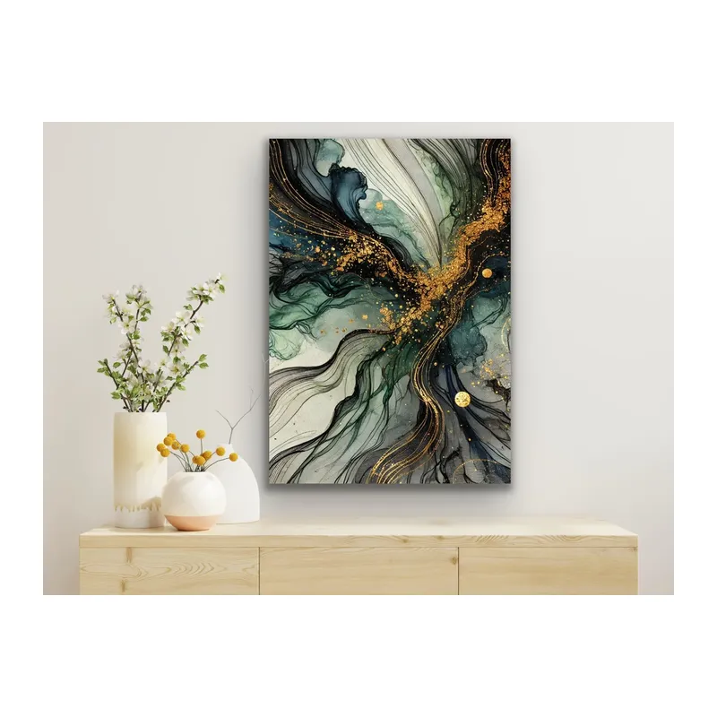 Yeşil Mavi Gold Soyut Kanvas Tablo 70x100cm