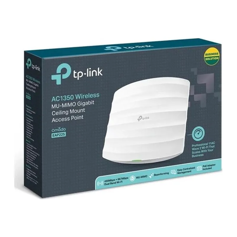 TP-LINK OMADA EAP225 AC1350 1 PORT GIGABIT RJ45 2.4/5GHZ MU-MIMO POE TAVAN TİPİ ACCESS POINT (POE ADAPTÖRÜ DAHİL)