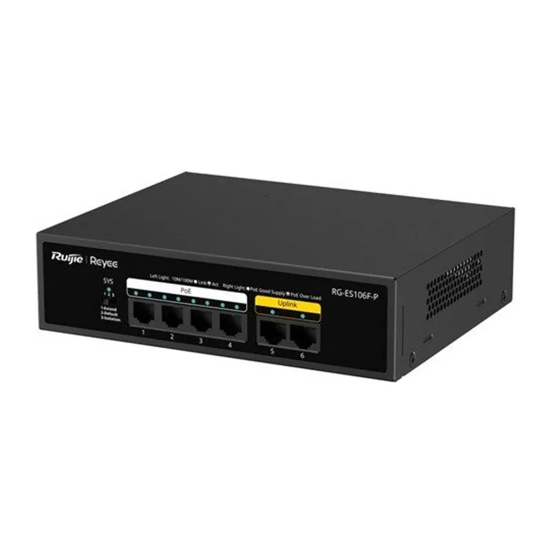 RUIJIE REYEE RG-ES106F-P 4 PORT 10/100 + 2 PORT 10/100 UPLINK 54W 250 METRE POE METAL KASA SWITCH