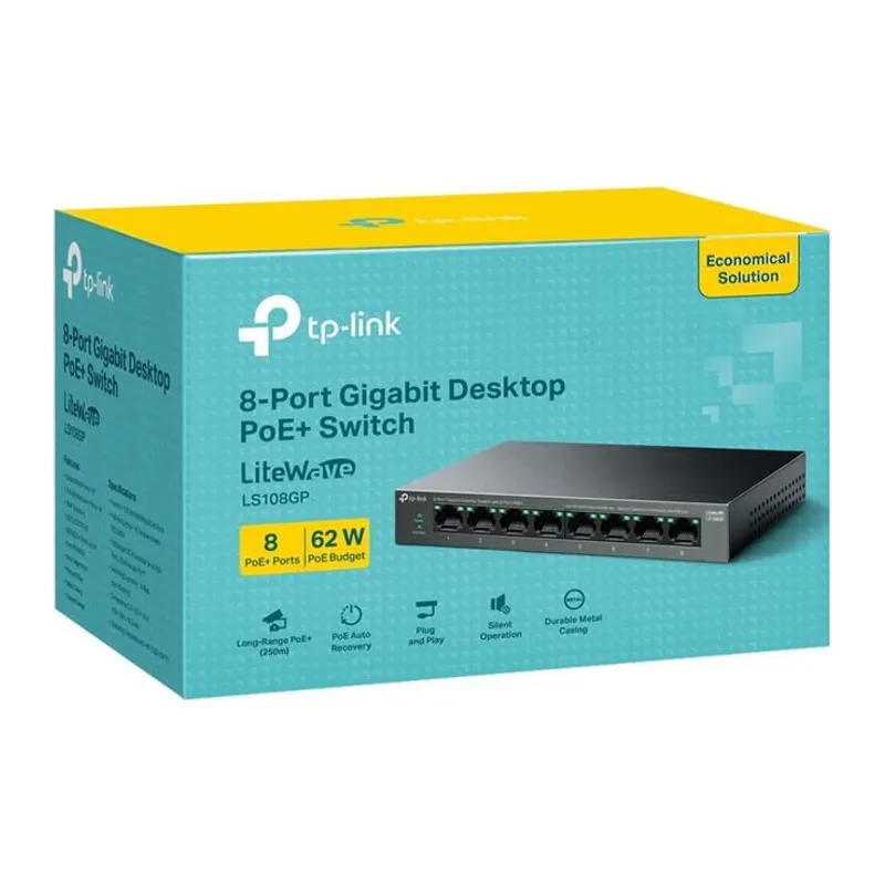 TP-LINK LS108GP 8 PORT GIGABIT + RJ45 62W 250 METRE POE MESAFE METAL KASA