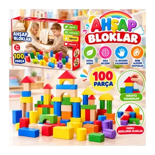 Ony-417 Kutuda Ahşap 100 Parça Renkli Bloklar