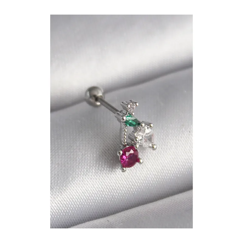 316L Çelik Gümüş Renk Zirkon Taşlı Tragus Piercing