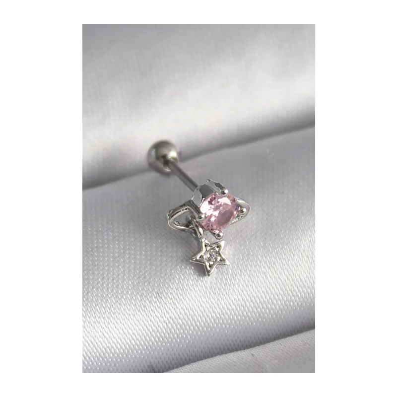 316L Çelik Gümüş Renk Pembe Zirkon Taşlı Sallantı Yıldız Detay Tragus Piercing