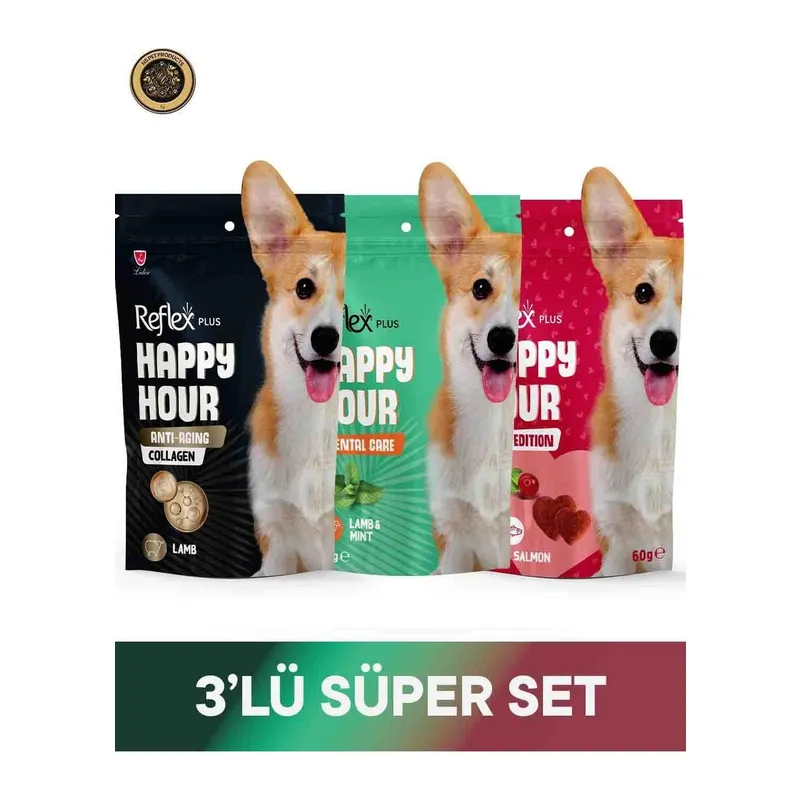 Reflex Plus Happy Hour Anti Aging Collagen & Dental Care - Ağız ve Diş Sağlığı & Love Edition Köpek Ödül Maması Seti 3x60 gr