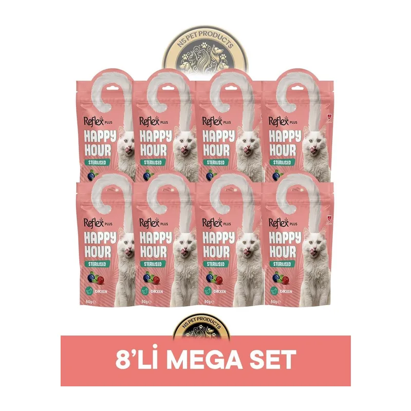 Reflex Plus Happy Hour Tavuk Kısırlaştırılmış Kedi Ödül Maması Seti 8x60 gr