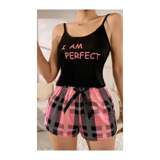 Kadın Siyah Kare Desenli Askılı Şortlu Pijama Takım 5012