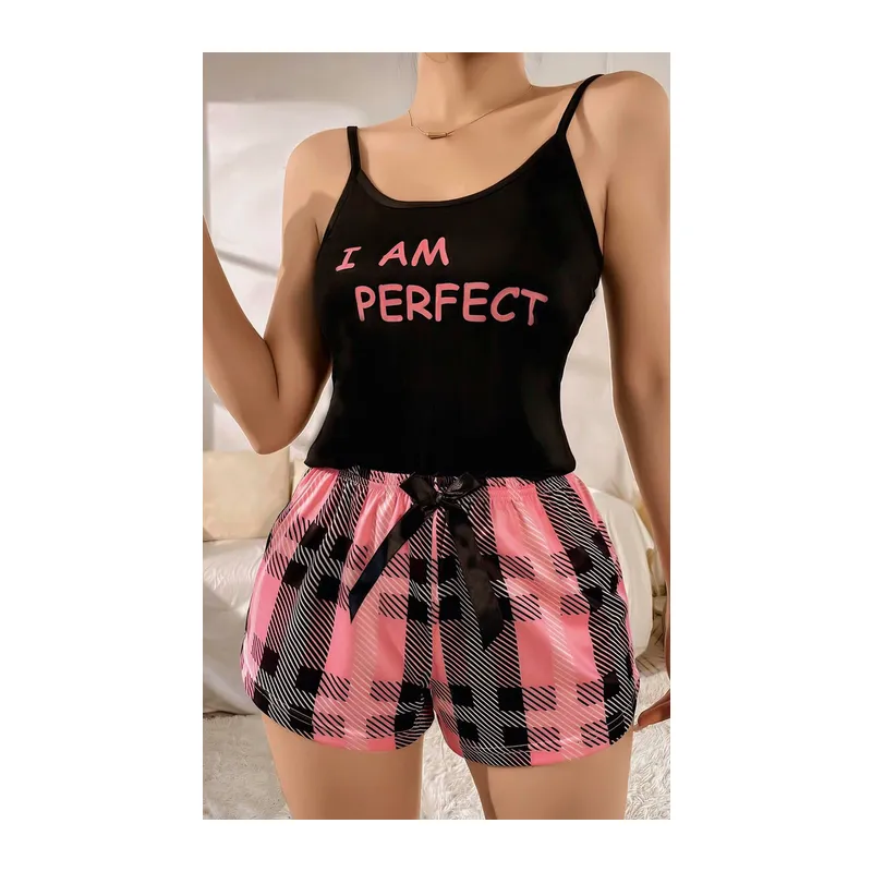 Kadın Siyah Kare Desenli Askılı Şortlu Pijama Takım 5012
