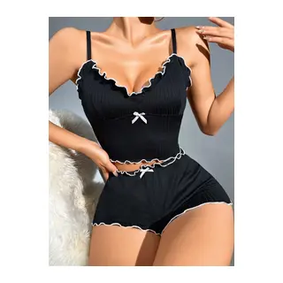 Kadın Siyah Fitilli Askılı Şortlu Pijama Takım 5042