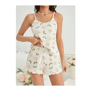 Kadın Ekru Çiçek Baskılı Şortlu Gecelik Pijama Takımı 5047