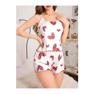 Kadın Beyaz Kalp desenli Şortlu Gecelik Pijama Takımı 5052