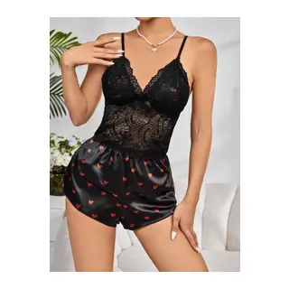 Kadın Siyah Kırmızı Kalp Desenli Saten Şort Pijama Takımı 2232