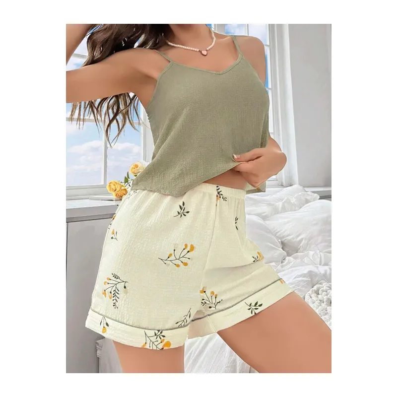 Kadın Ekru Çiçek Baskılı Şortlu Gecelik Pijama Takımı 5099